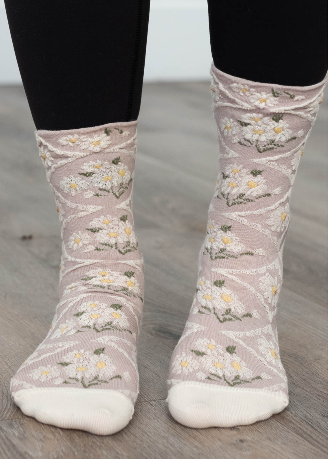 Front view of taupe flower socks