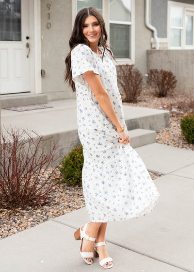 White and blue floral guaze tiered dress