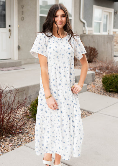 Blue floral gauze tiered dress