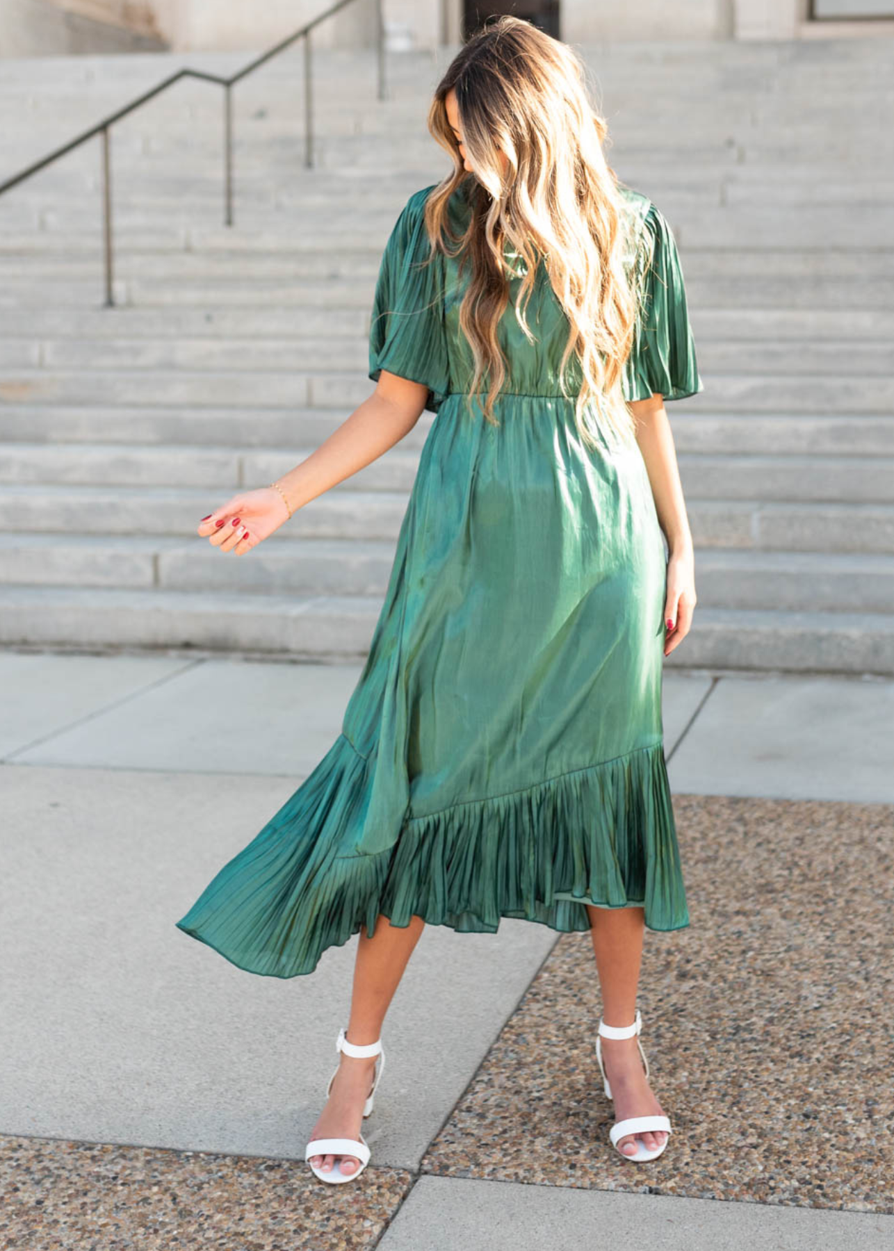 Short sleeve hunter green pleated wrap dress