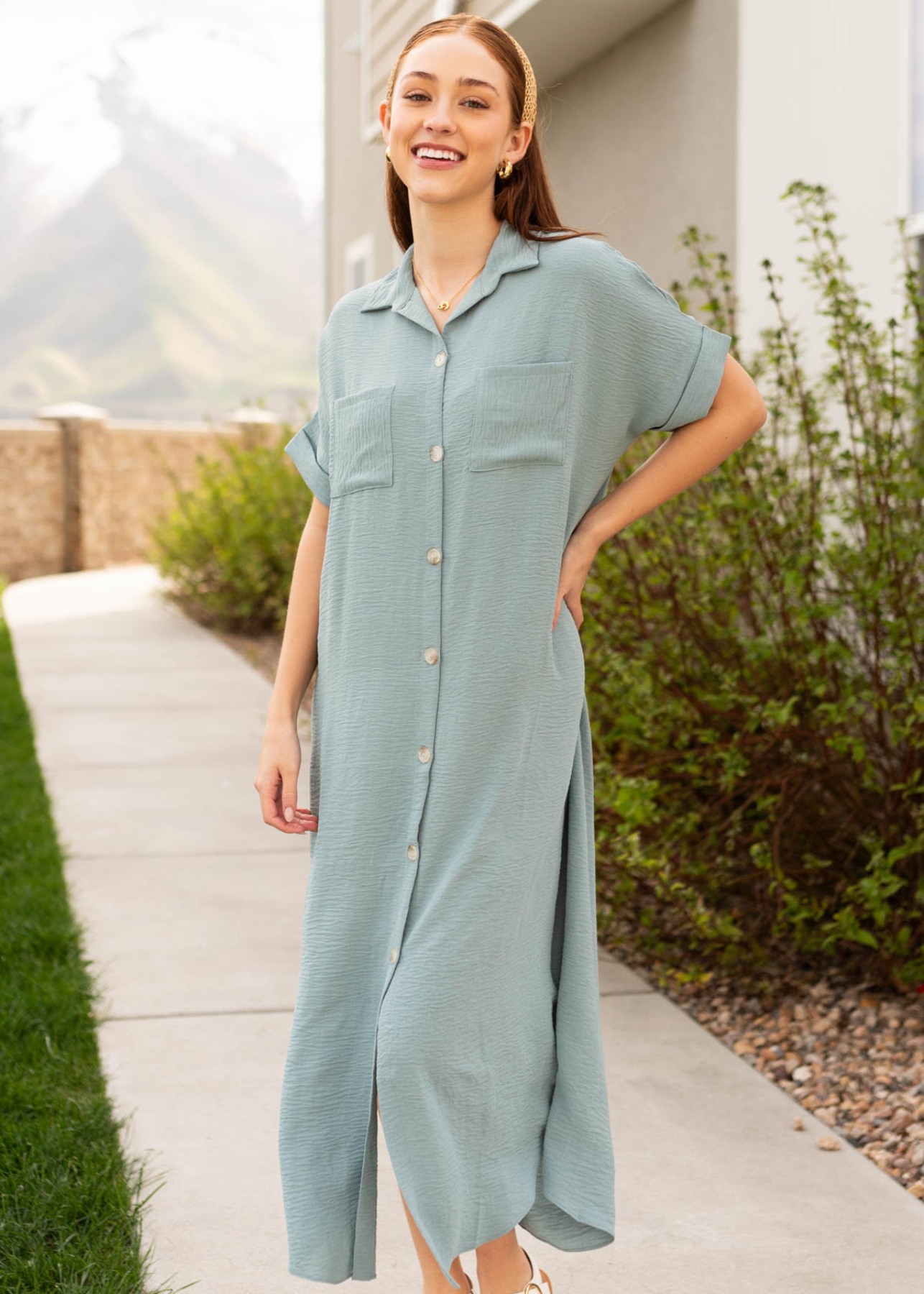 Short sleeve sage blue button down dress