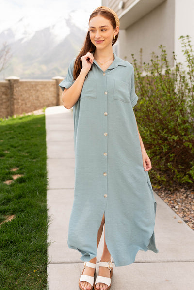 Short sleeve sage blue button down dress