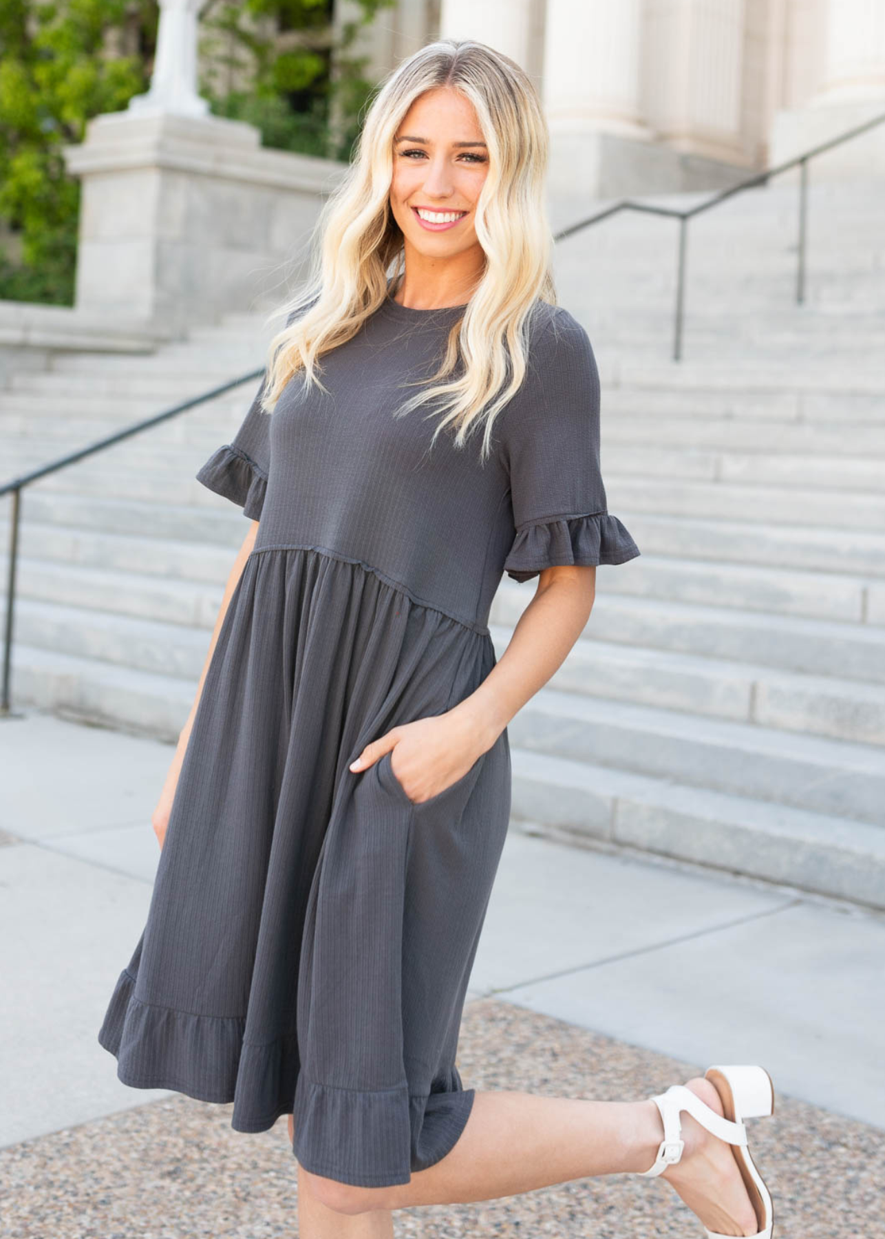 Short sleeve charcoal rib knit dress