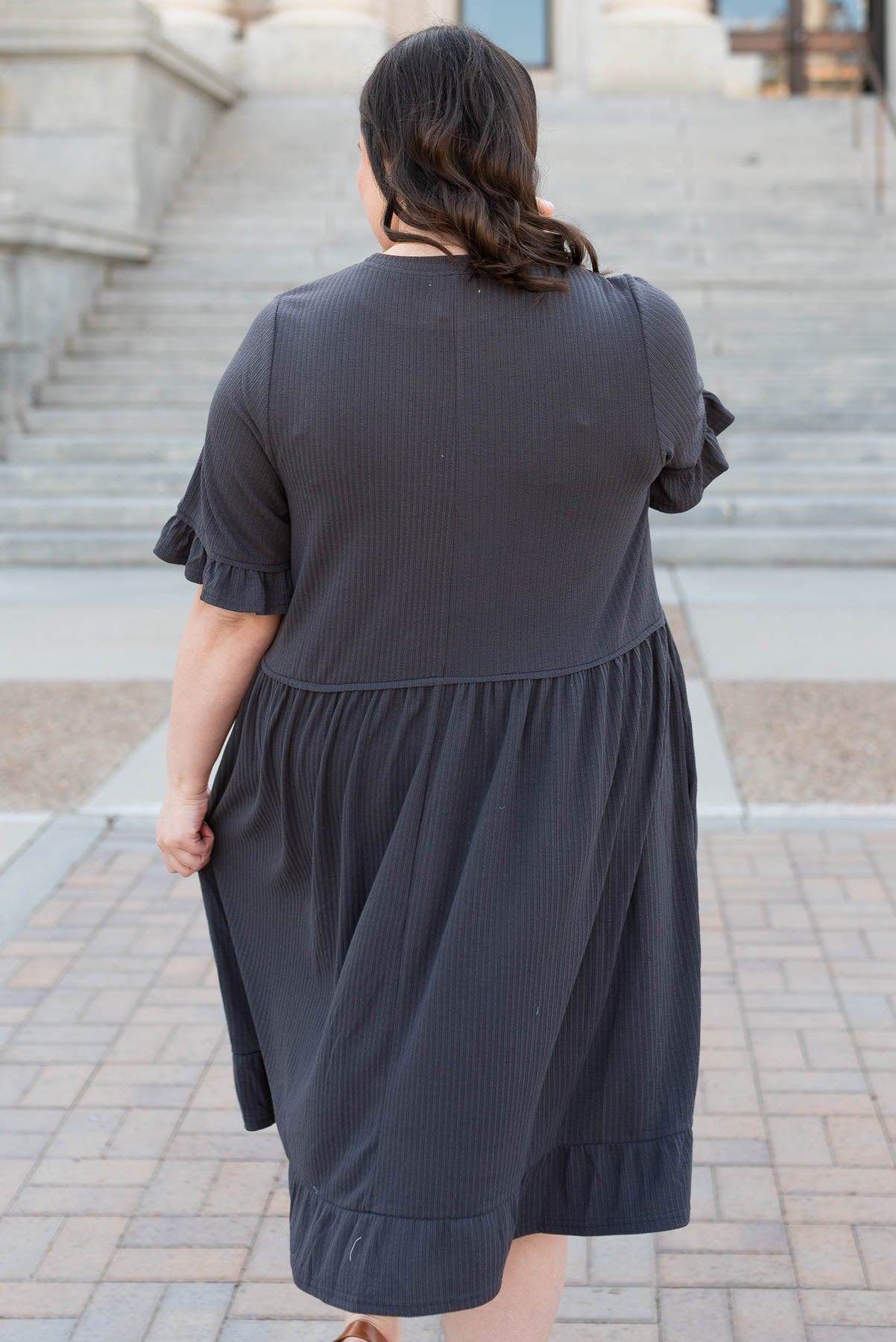 Back view of the charcoal rib knit dress