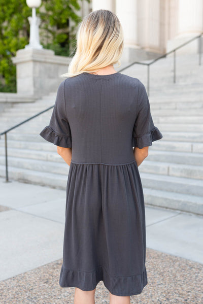 Back view of the charcoal rib knit dress