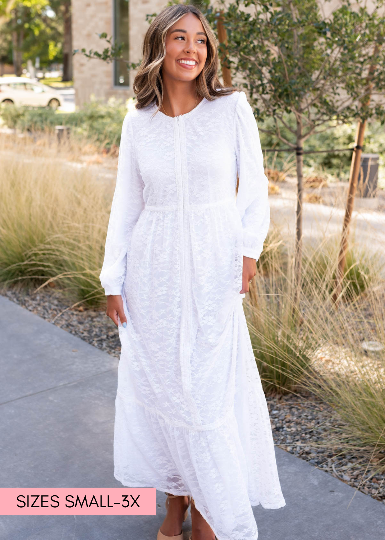 White floral lace dress with front zipper