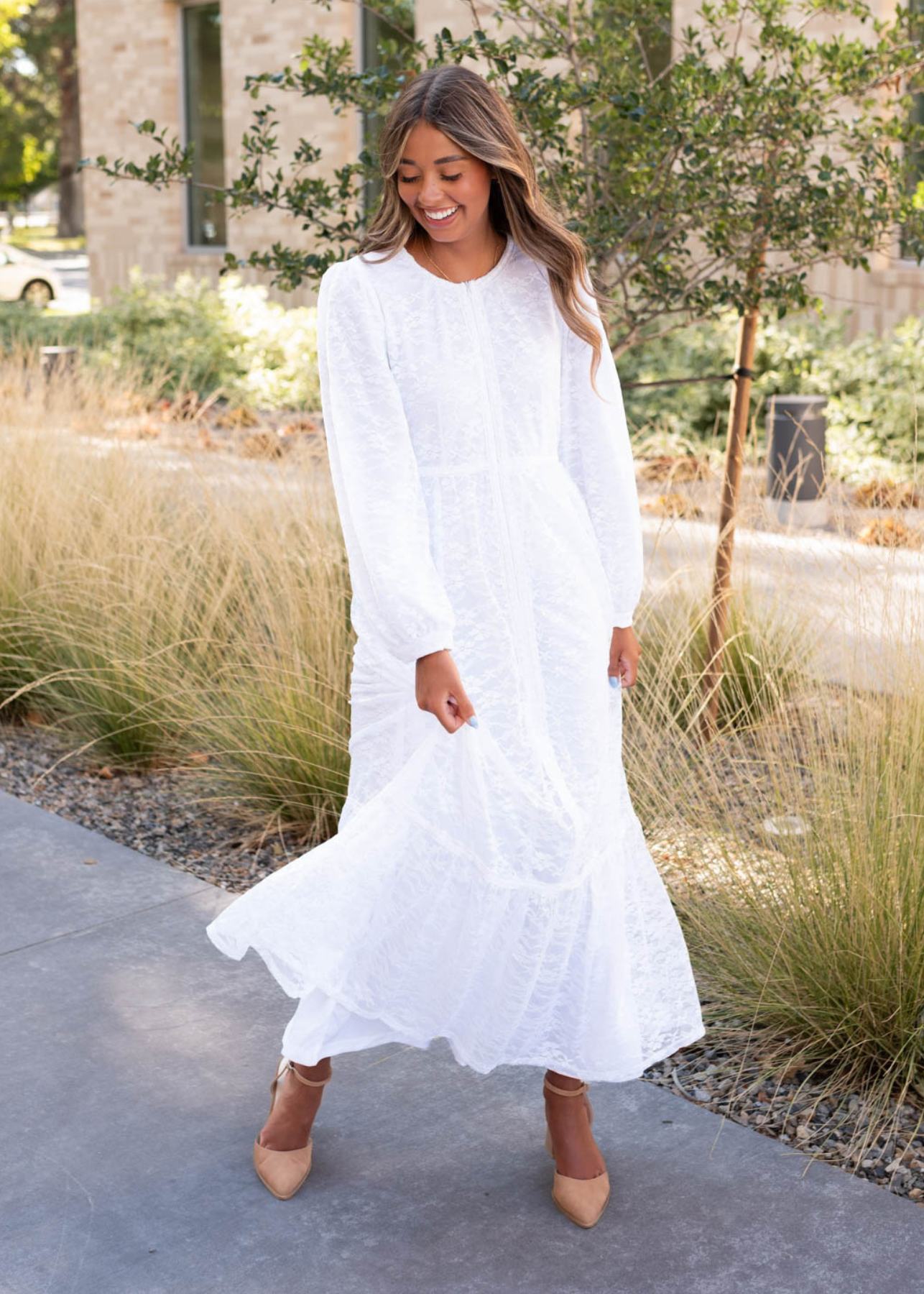 Long sleeve white floral lace dress