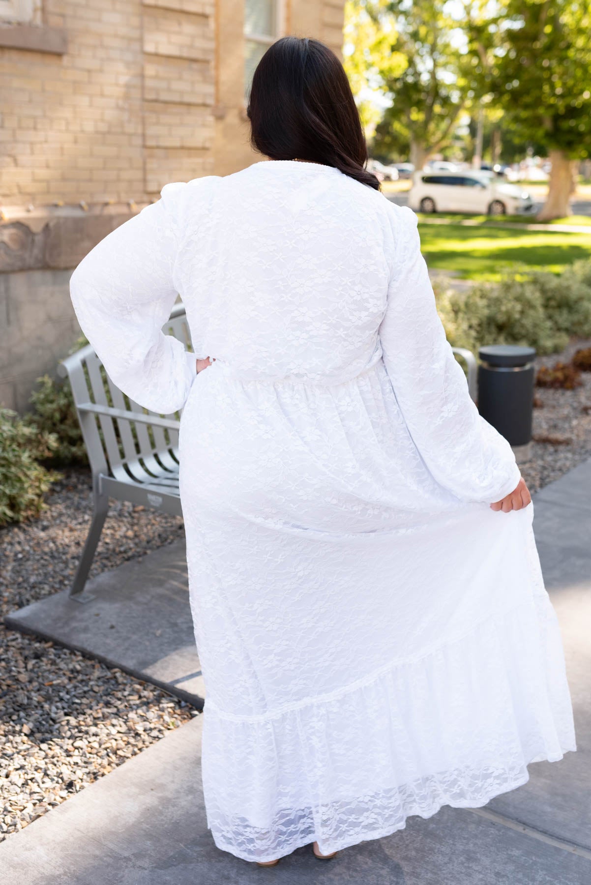 Back view of the plus size white floral lace dress