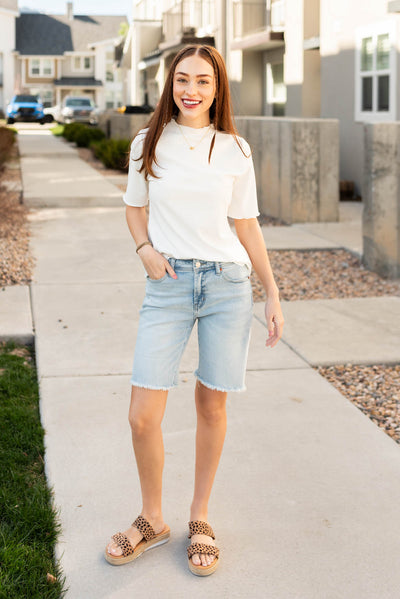 Front view of the ivory textured knit top