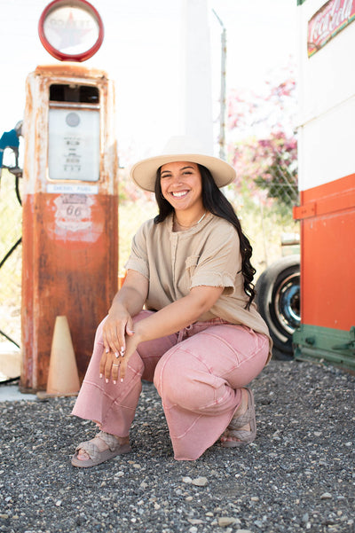 Short sleeve gauze taupe top with buttons