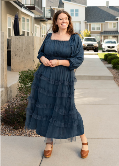 Square neck navy long sleeve ruffle dress in plus size