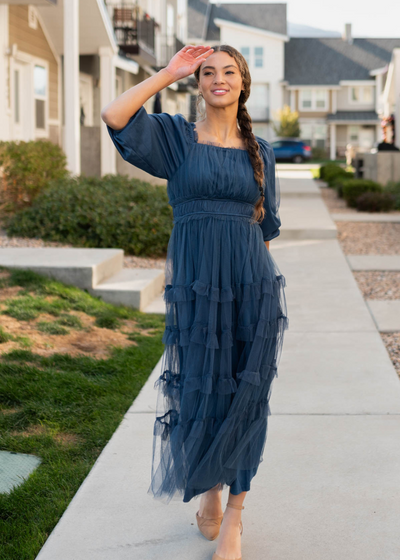 Navy long sleeve ruffle dress