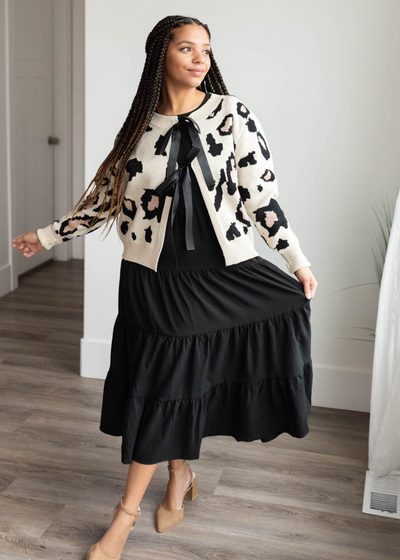 Cream leopard cardigan with bows that tie in the front