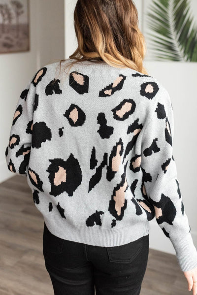 Back view of the grey leopard cardigan