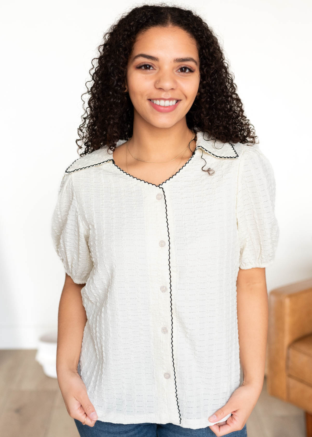 Cream collared top with short sleeves