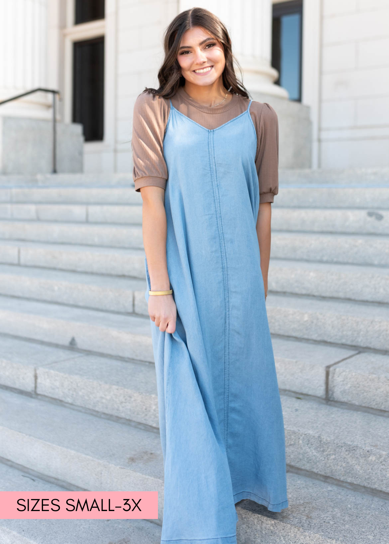 Skinny strap denim maxi dress