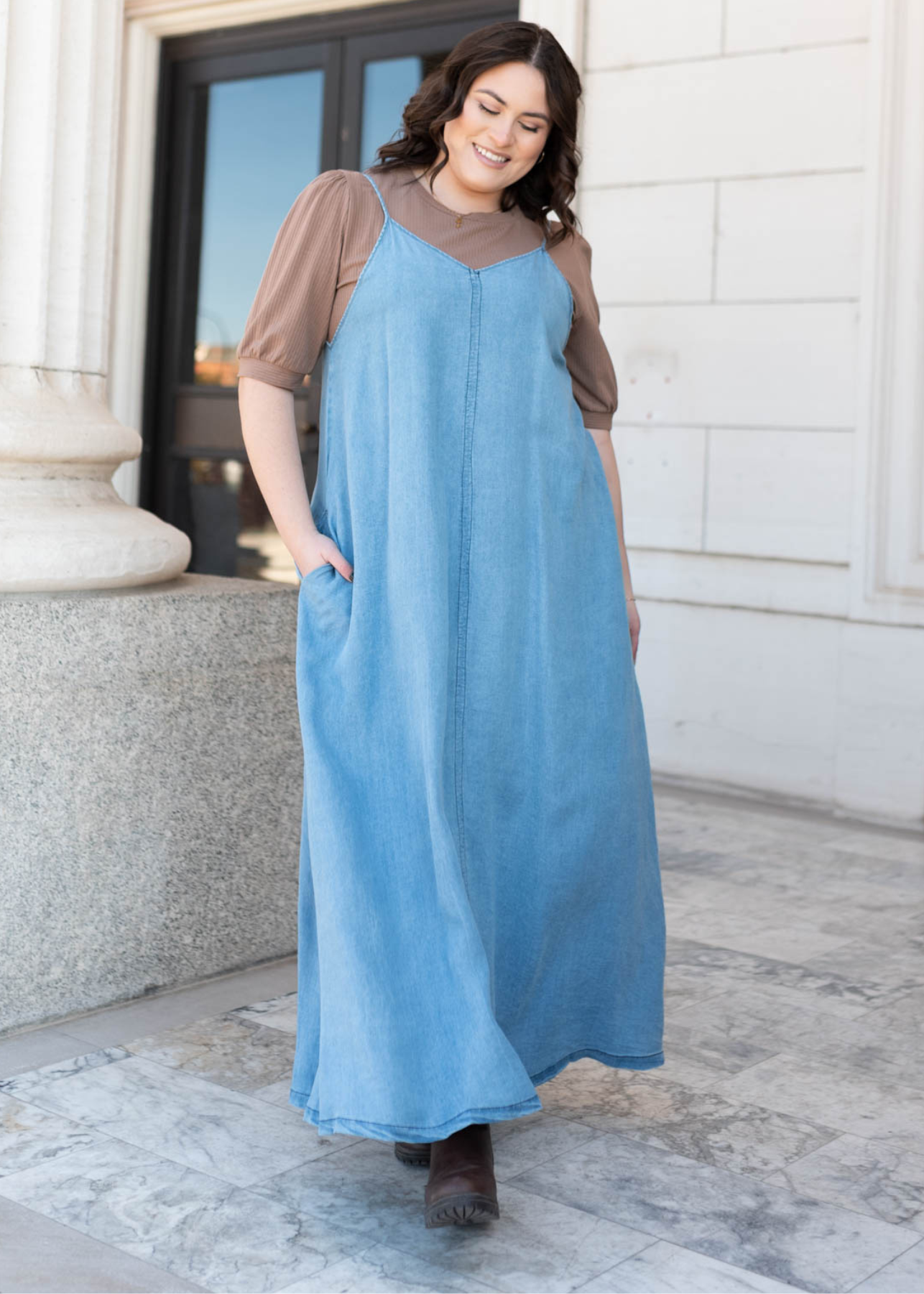 Skinny strap plus size denim maxi dress