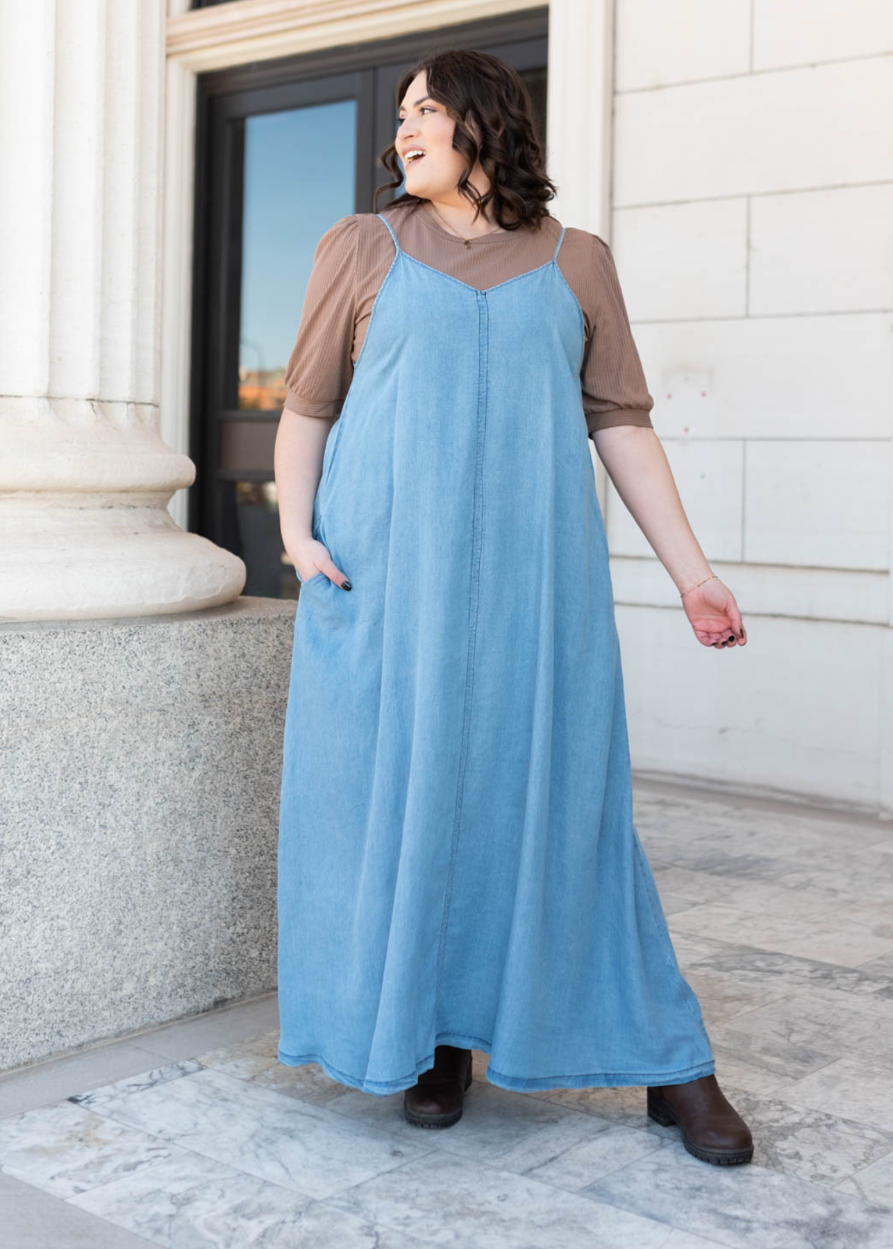 Plus size denim maxi dress with pockets