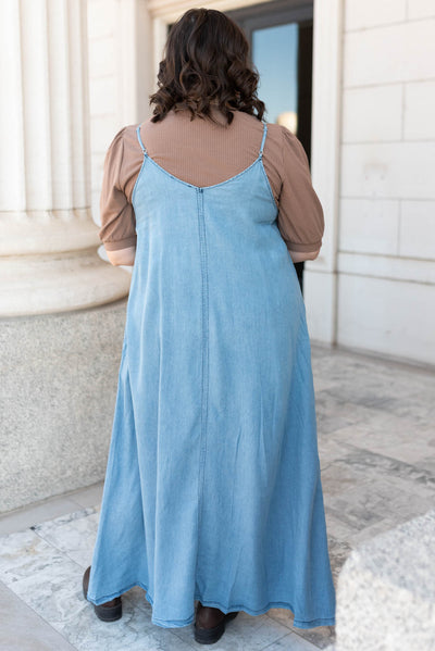 Back view of the plus size denim maxi dress