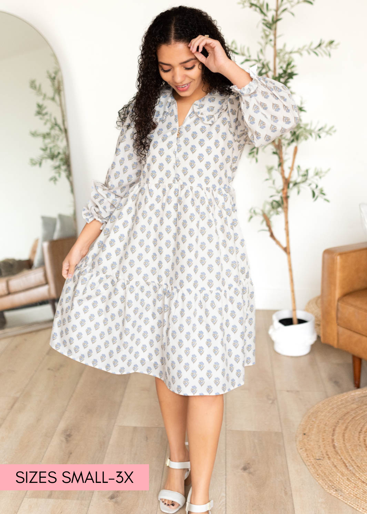 Blue floral dress with tiered skirt