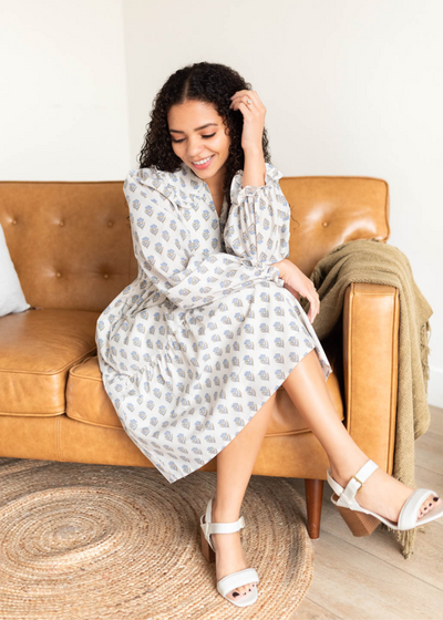 Long sleeve blue floral dress