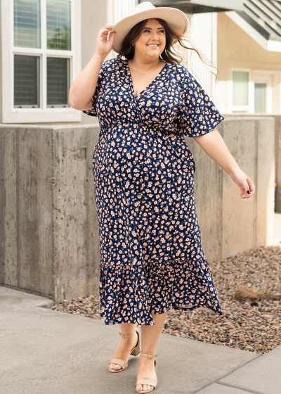 Short sleeve plus size navy floral dress