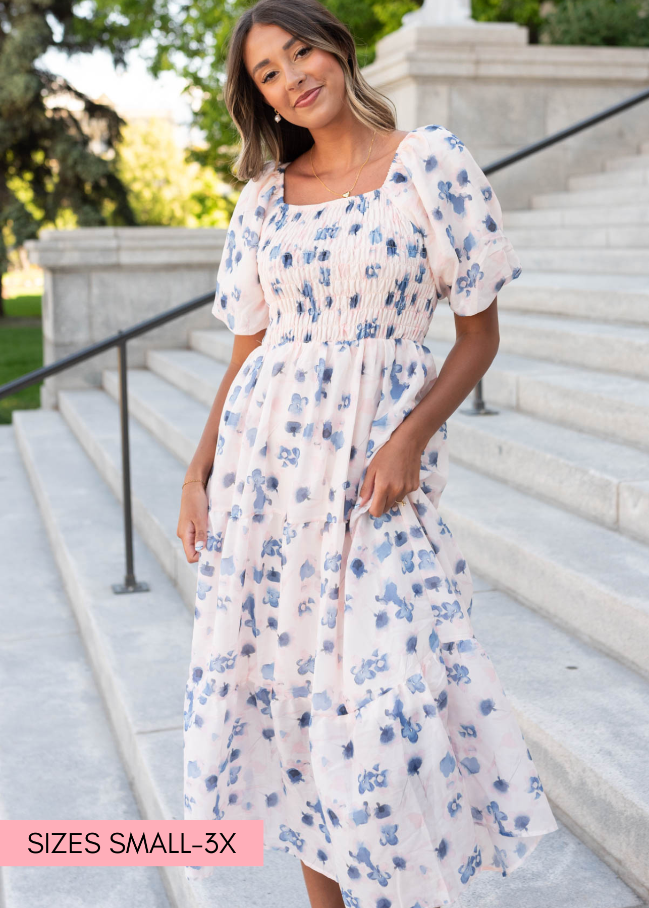 Blue floral smocked dress with square neck