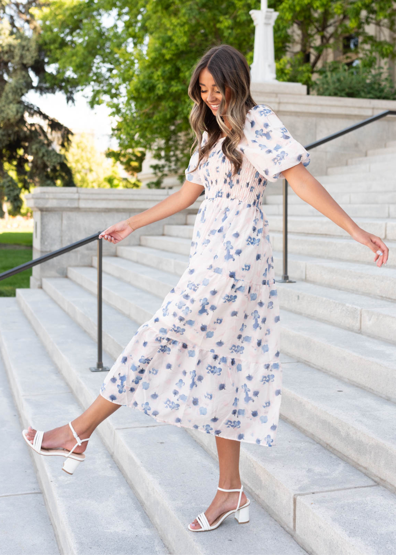 Short sleeve blue floral smocked dress