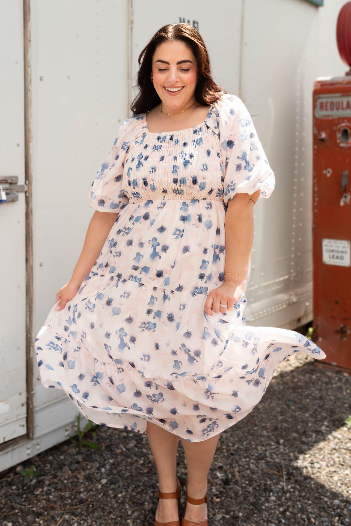 Plus size blue floral smocked dress with a square neck