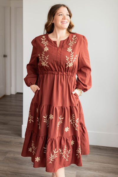 Plus size burgundy embroidered floral dress with pockets