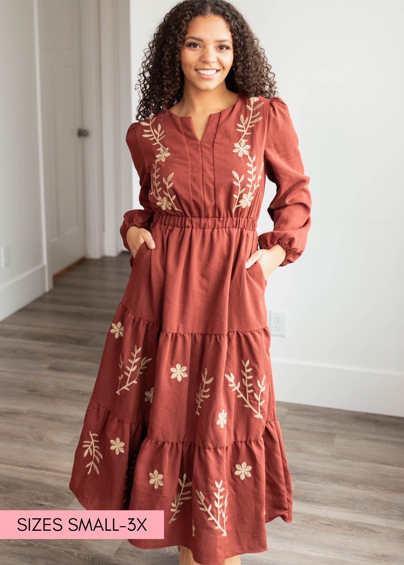 Long sleeve burgundy embroidered floral dress