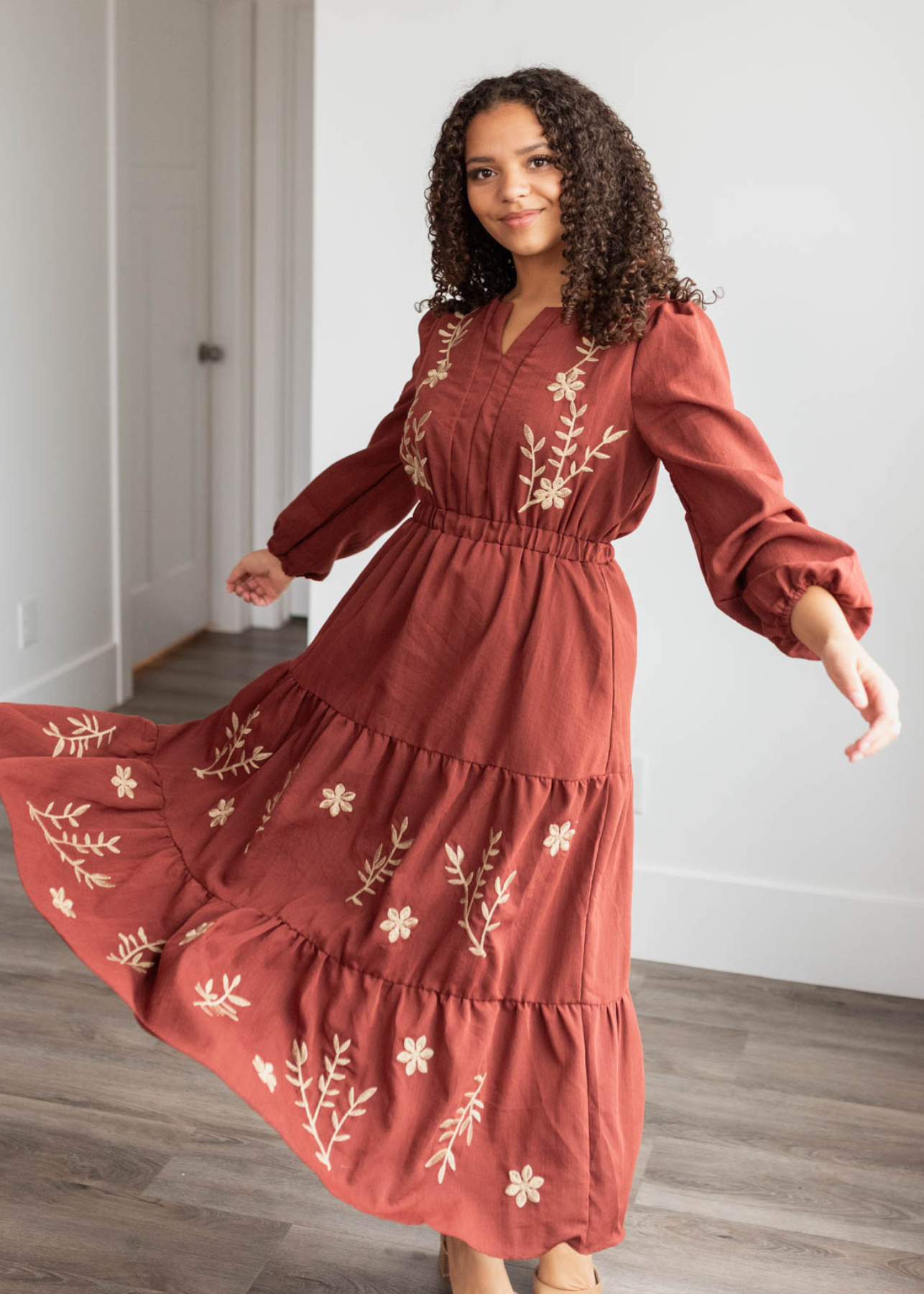 Burgundy embroidred floral dress