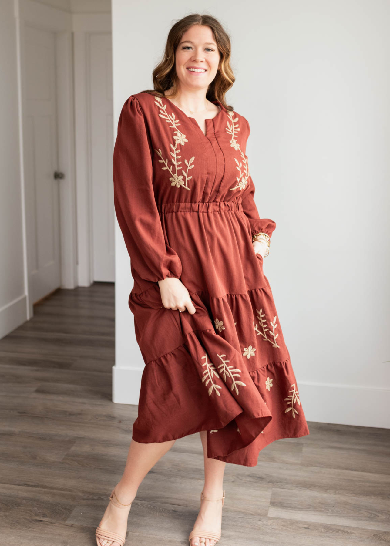 Long sleeve burgundy embroidered floral dress in plus size