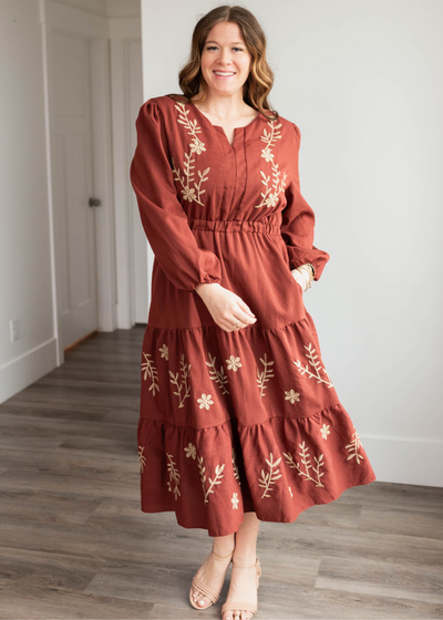 Plus size burgundy Embroidered floral dress