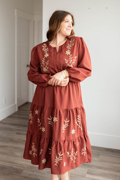 Long sleeve burgundy embroidered floral dress in plus size