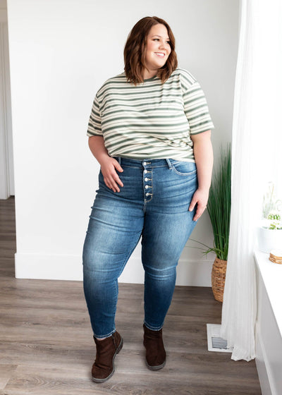 Plus size jade stripe top with short sleeves