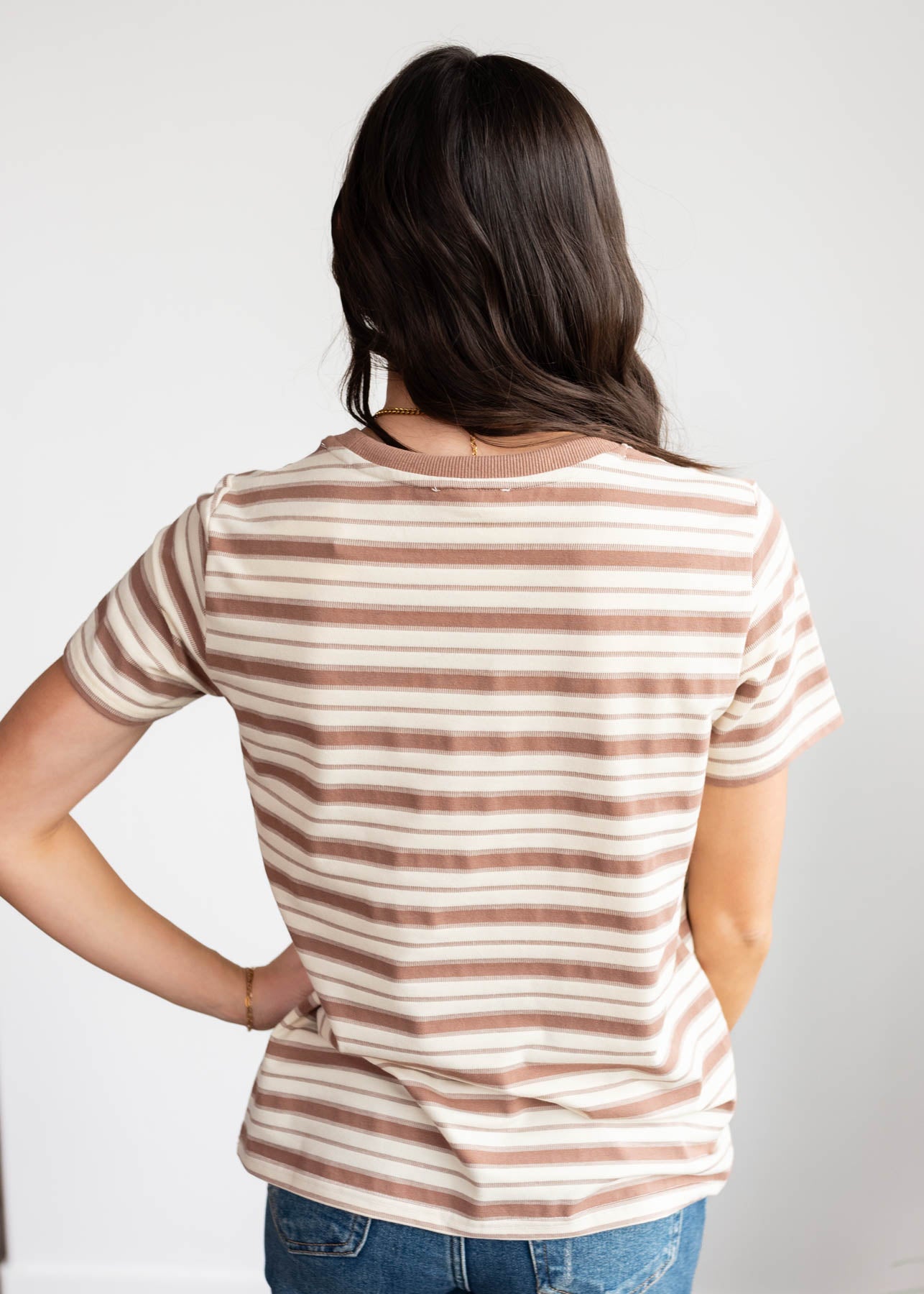 Back view of the taupe stripe top