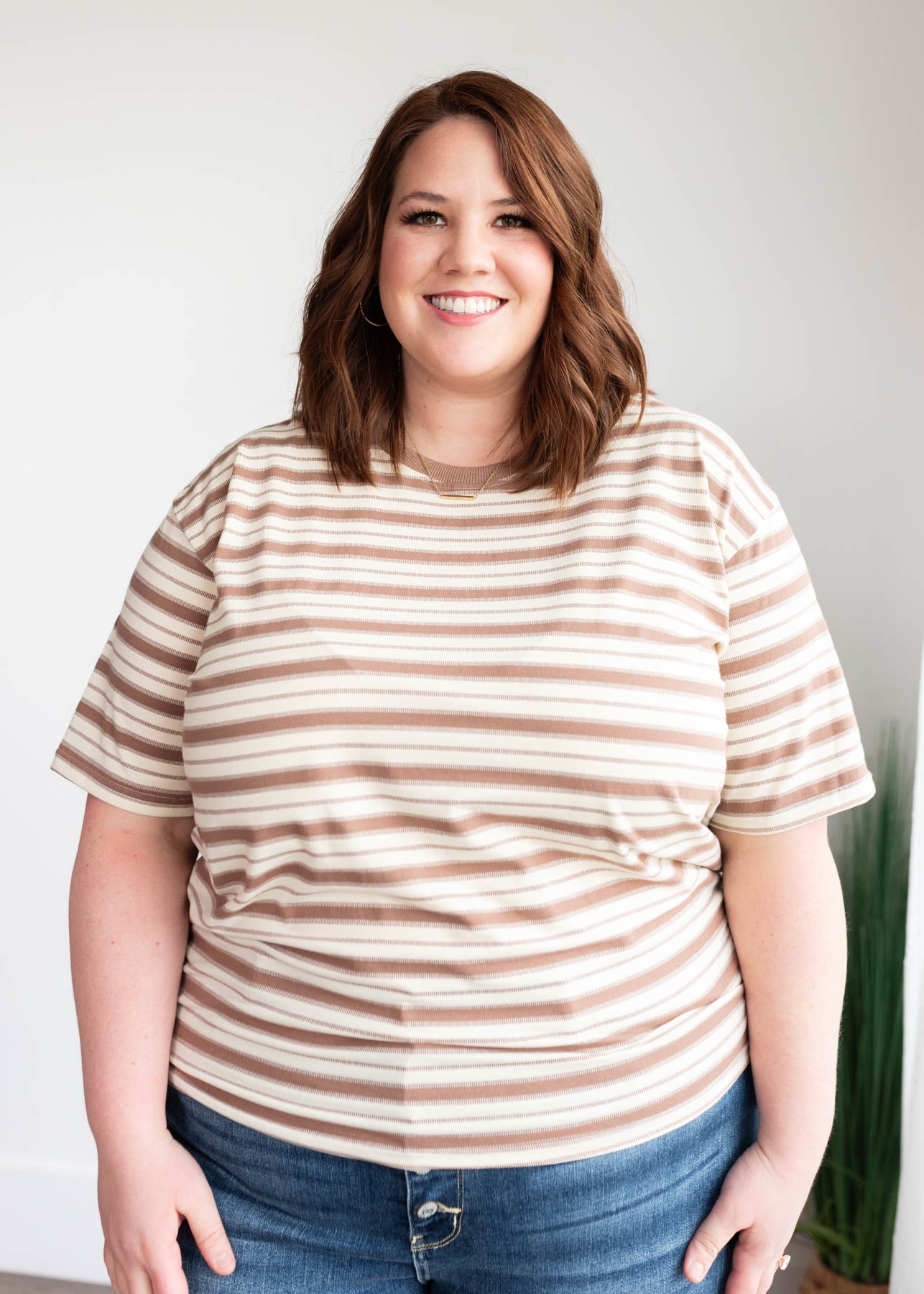 Short sleeve taupe stripe top in plus size