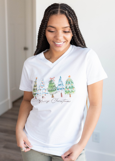 Short sleeve Merry Christmas trees white t-shirt