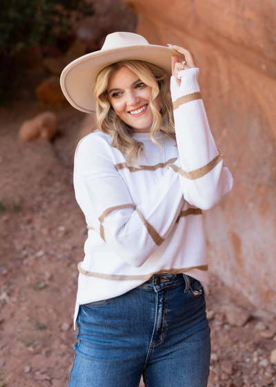 Striped long sleeve white sweater with drop sleeves