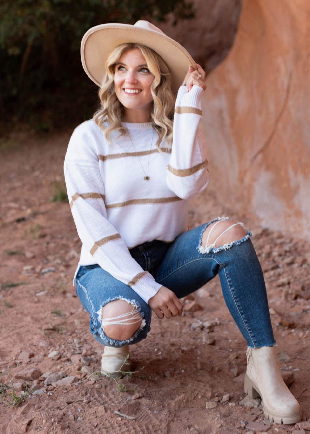 Long sleeve white sweater with stripes