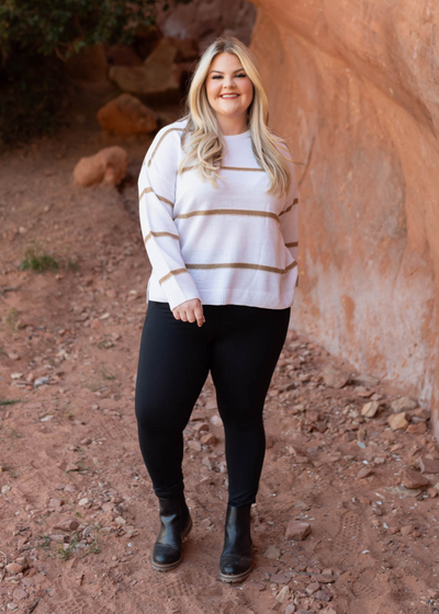 Plus size white sweater with stripes