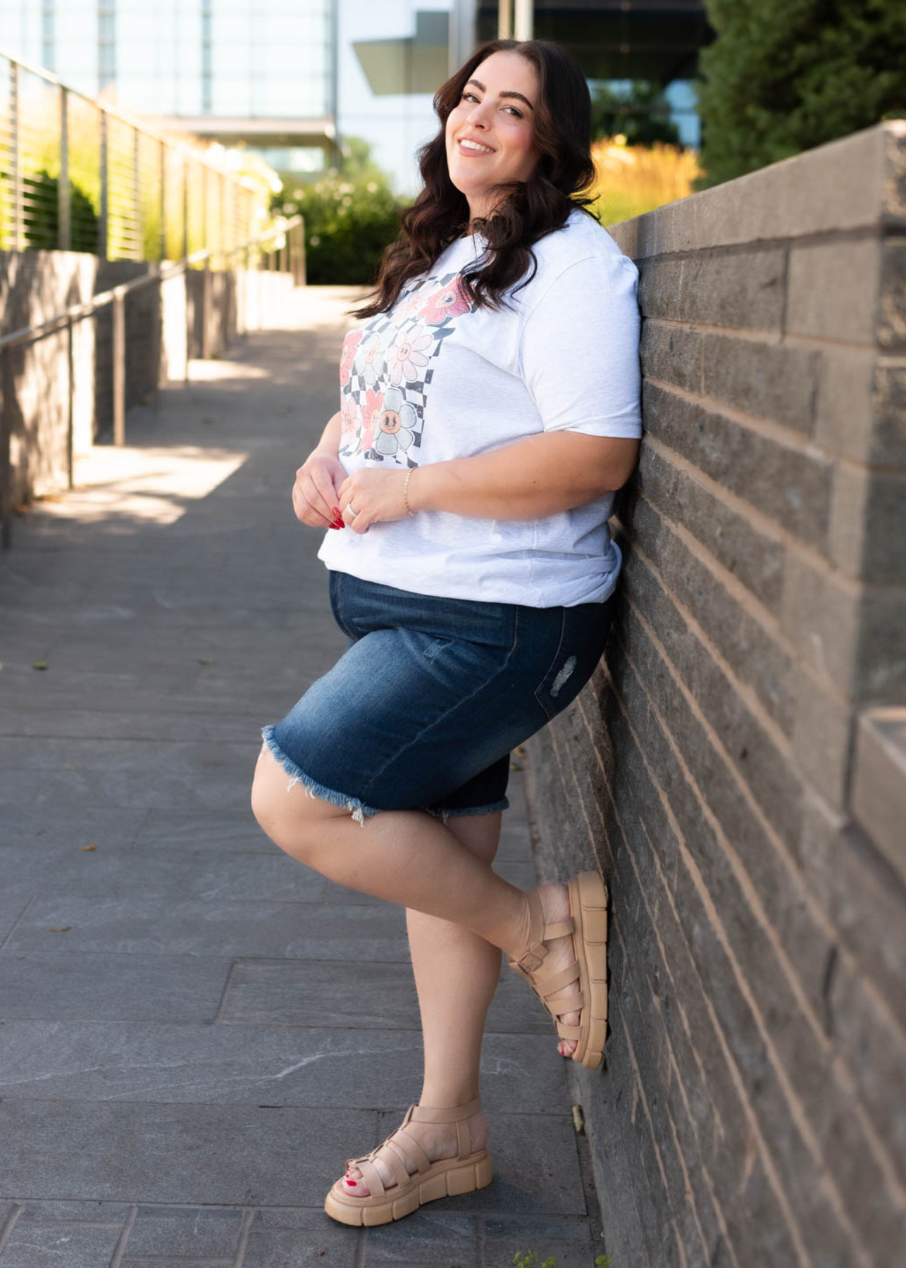 Plus size short sleeve ash grey floral grid top