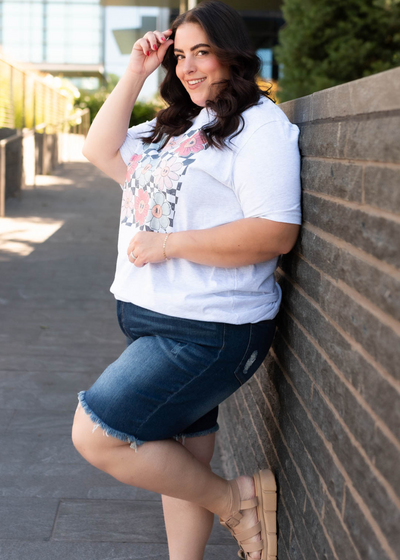 Plus size ash grey floral grid top