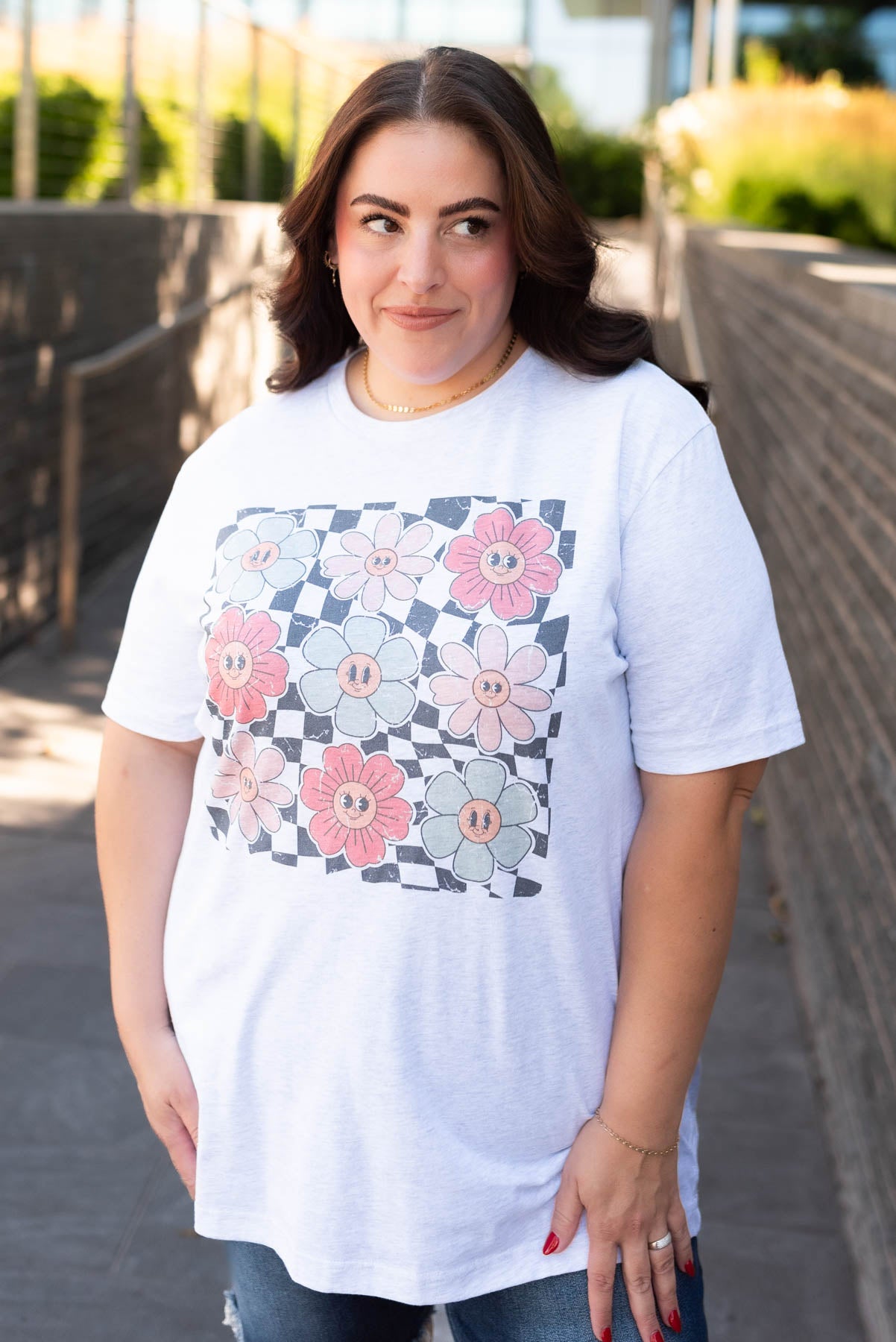 Oversized plus size ash grey floral grid top