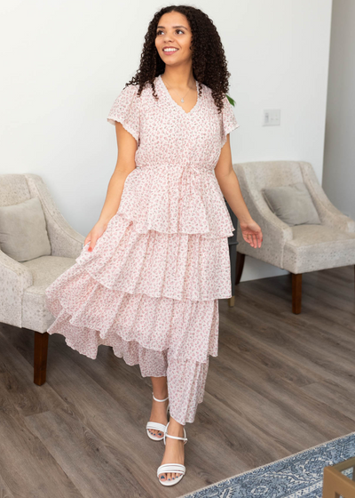 Short sleeve blush rose tiered ruffle dress