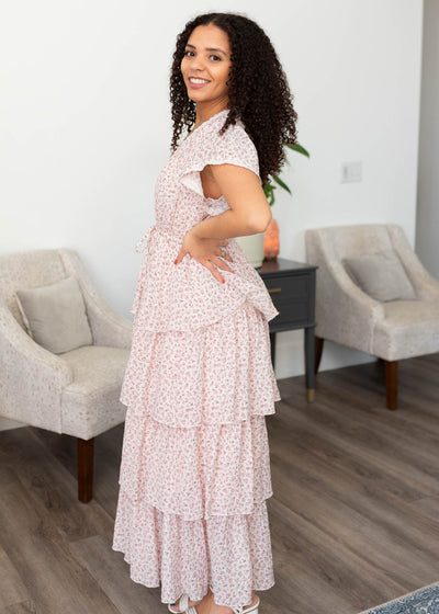 Side view of the blush rose tiered ruffle dress