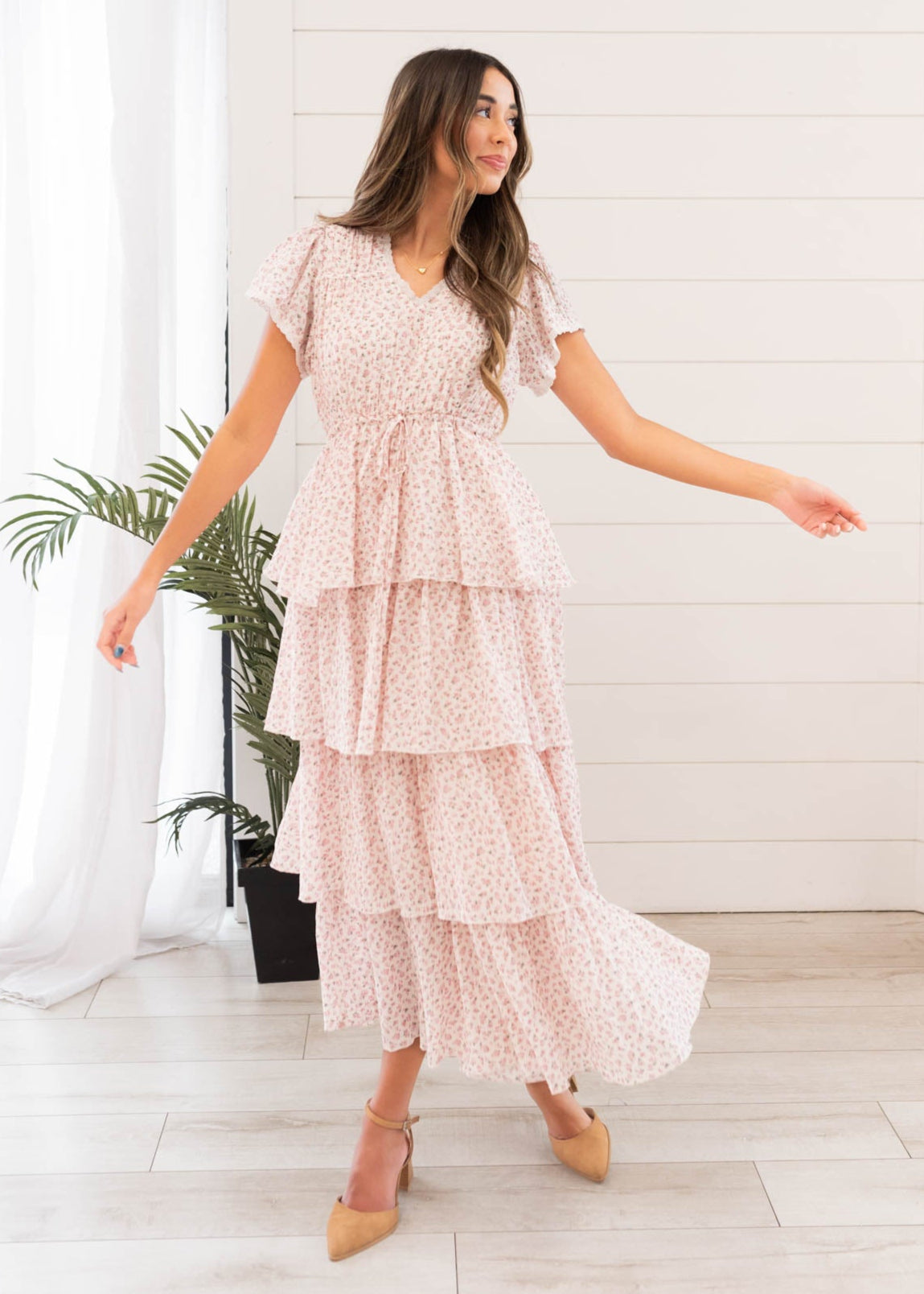 Small blush rose tiered ruffle dress