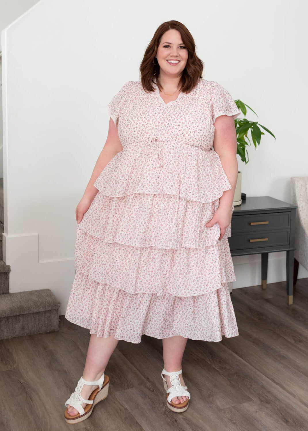 Plus size blush rose tiered ruffle dress with high waist