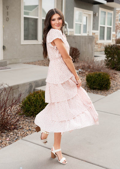 Side view of the blush rose tiered ruffle dress